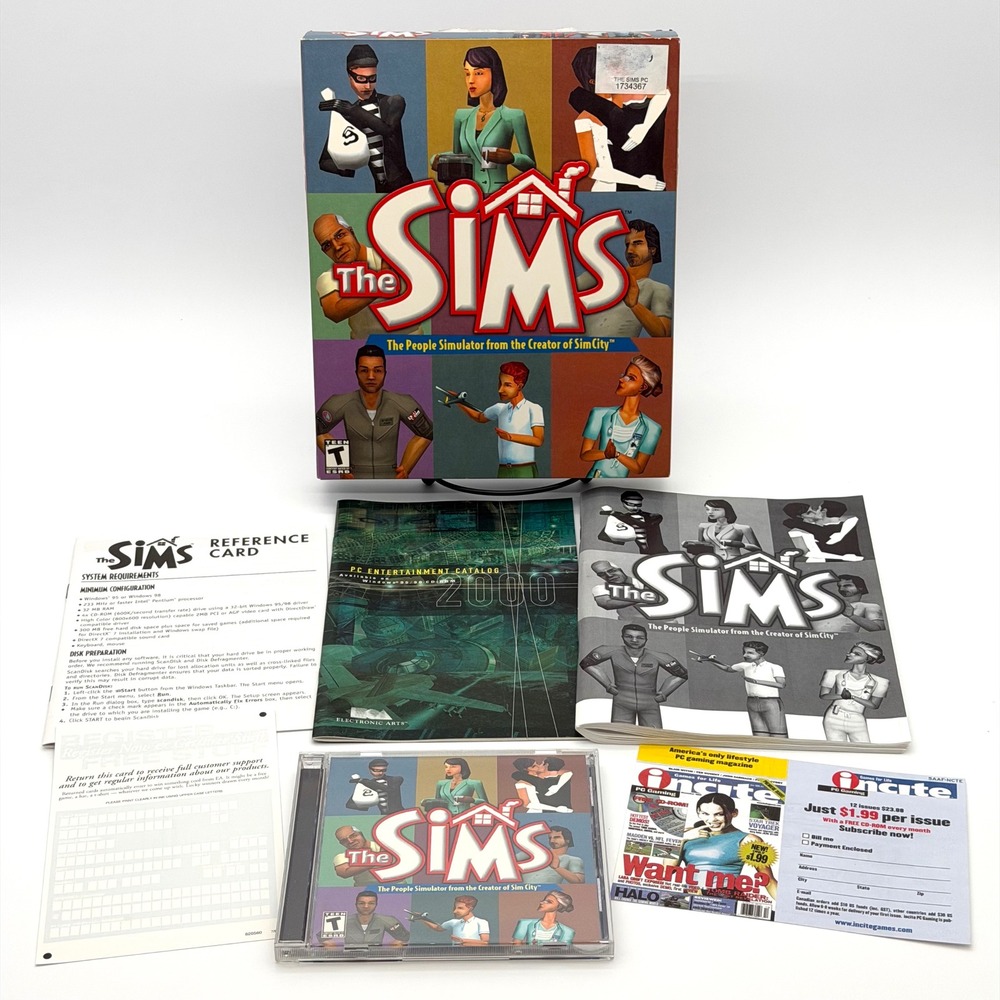 The Sims PC Big Box Game 2000 Maxis EA Complete CIB Manual Reference Card